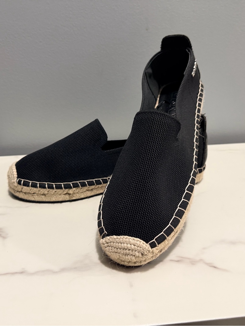 DKNYC Black Espadrille Slip-On Shoes with Natural Jute Trim